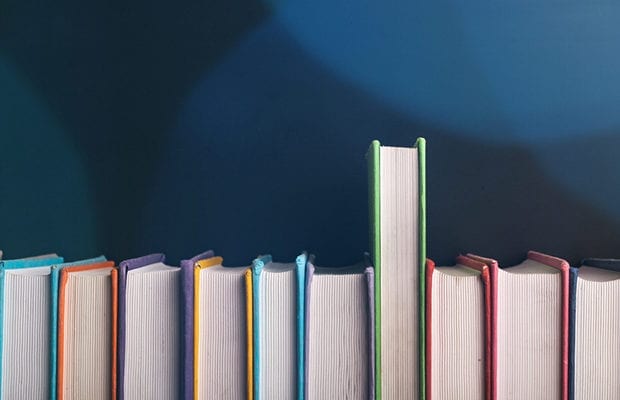 Colourful educational books standing in a row