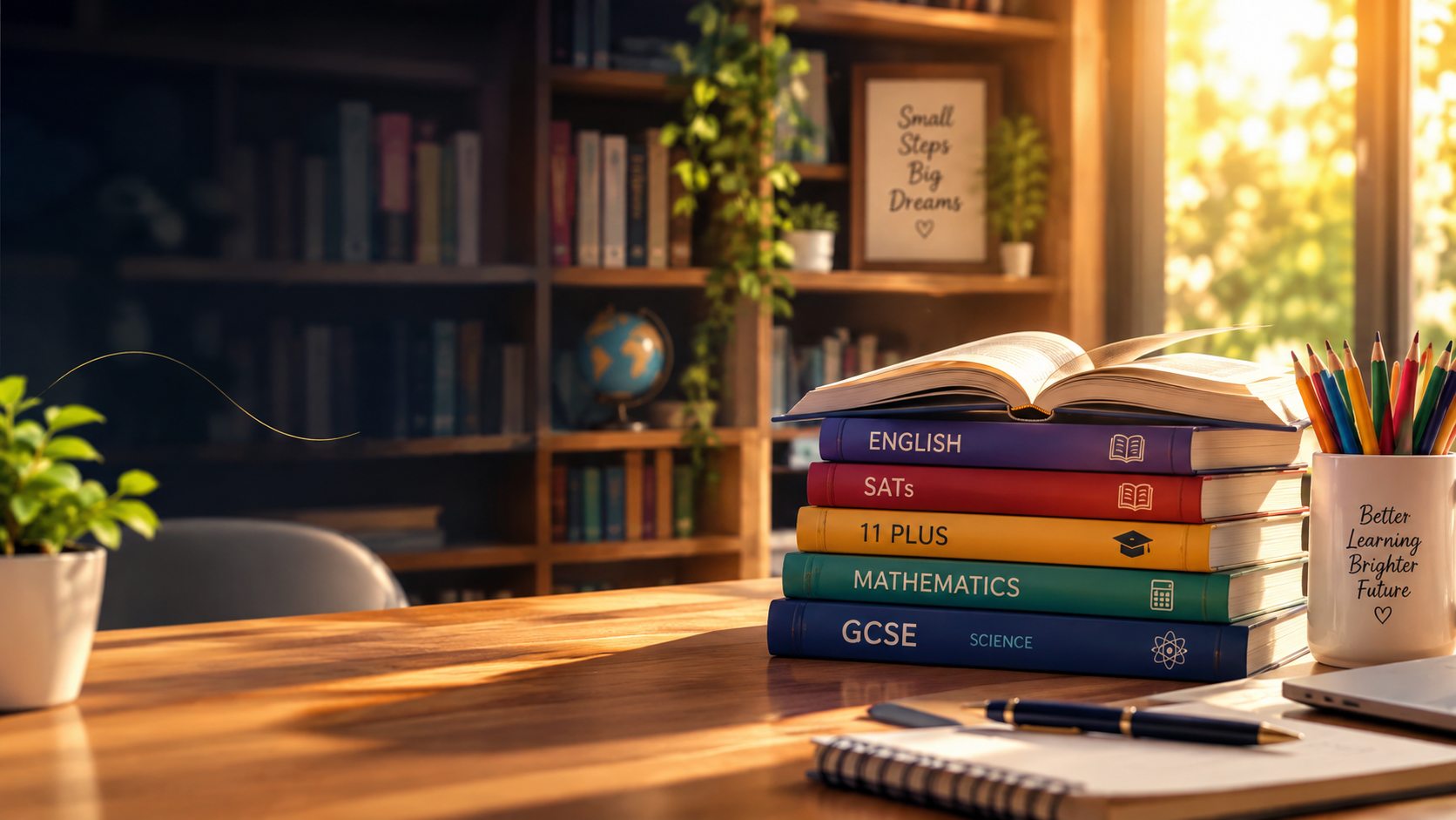 Study desk with English, SATs, 11 Plus, Mathematics and GCSE books